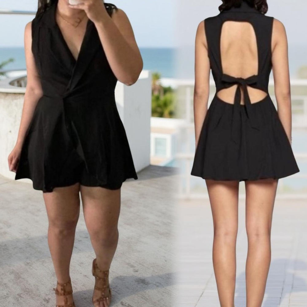 Black Romper black V Neck Collar Bow tie in the back Open back Large NWOT